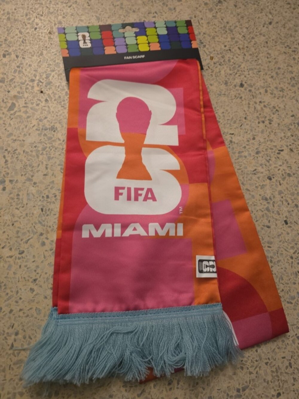 Official FIFA Soccer World Cup 2026 Miami Fan Scarf NEW Pink WHITE Teal Fringe